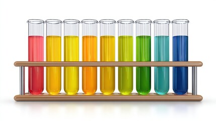 A collection of colorful liquids in test tubes arranged in a wooden rack, isolated on white