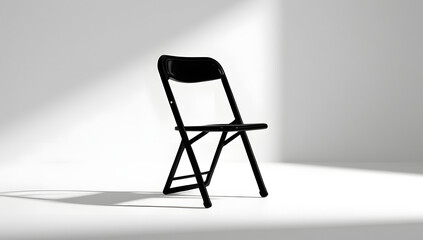 Minimalist black silhouette of a folded metal chair leaning at a slight angle on a pure white background, evoking isolation, readiness, and understated utility through clean lines and quiet form