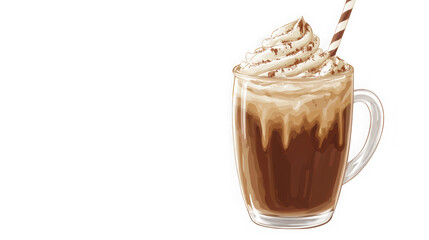 A clear mug filled with a chocolate drink topped with whipped cream and a striped straw on black background on transparent background