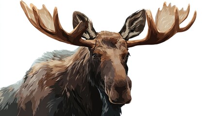 Majestic antlered mammal stares intently with a digital painting aesthetic against white