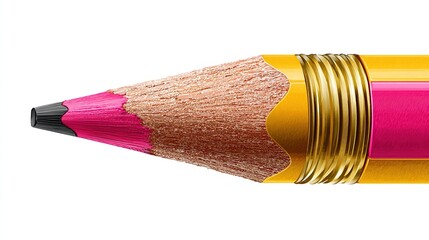 Macro shot of a sharpened writing tool with a pink tip against a clean, white backdrop