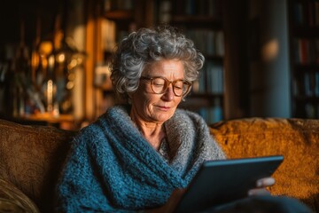 Elderly Woman Reading Tablet in Cozy Home. Modern Lifestyle Relaxation for Senior Citizens