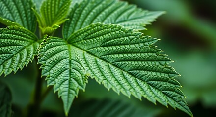 Close-up of a green leaf with serrated edges and prominent veins.
