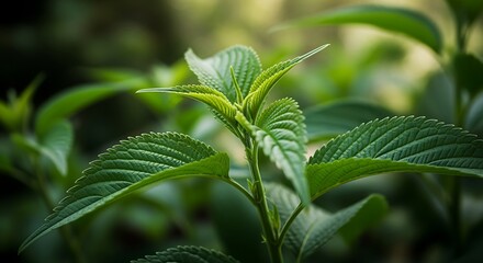 Close-up of a green plant with serrated leaves in natural light