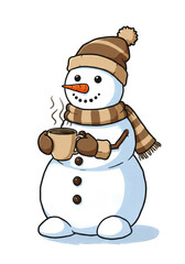 Illustration Of Snowman Holding Coffee Mug Wearing Hat And Scarf Transparent