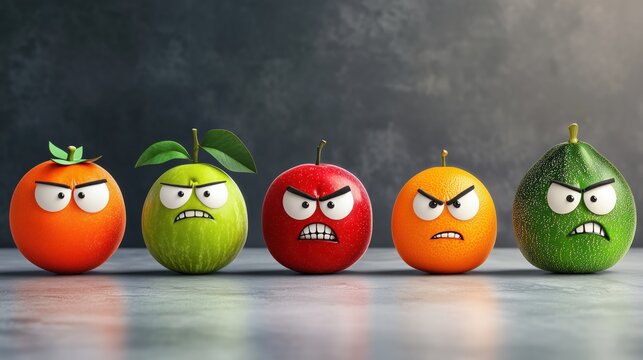 Two oranges, green and red apple, avocado displaying angry expressions on gray background