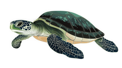 Illustration of a sea turtle with a patterned shell and flippers on a black background on transparent background