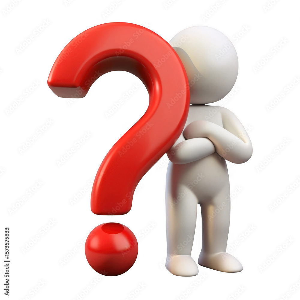 Poster white figure pondering beside a large red question mark isolated on transparent background