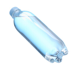 Plastic bottle with clean water in air on white background