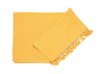 Yellow beach towel isolated on white, top view