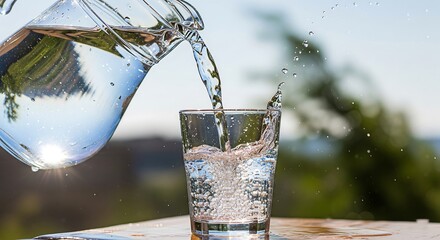 Water pouring from a pitcher into a glass outdoors. Sunlight glints off the water, creating a refreshing and pure image. The background is blurred, focusing attention on the water.