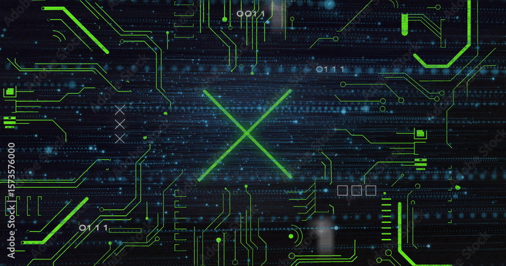 Poster streaming binary digits and neon-green traces moving across cyber interface, forming glowing x
