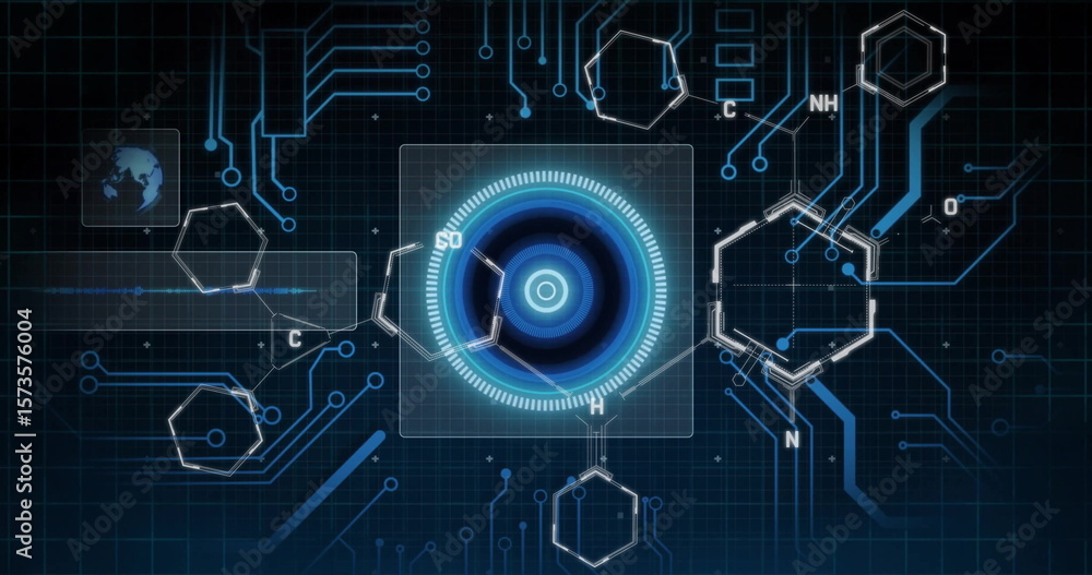 Aufkleber displaying central holographic interface and molecular hexagons glowing in futuristic workspace