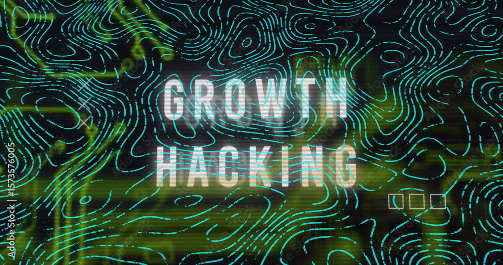 Poster displaying white growth hacking text in digital interface backdrop, with neon contours and ui icons