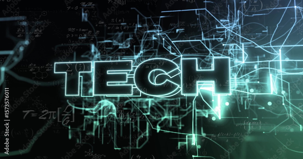 Poster Glowing neon TECH text pulsing in dark digital space, with circuit nodes and floating formulas