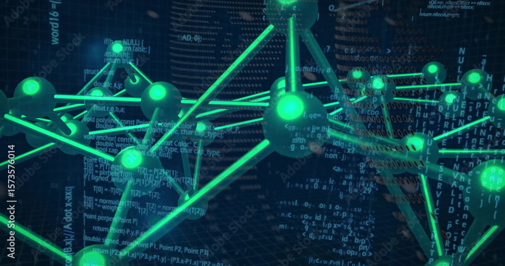 Poster displaying 3d network in digital space, with glowing green nodes, connecting rods, and code streams