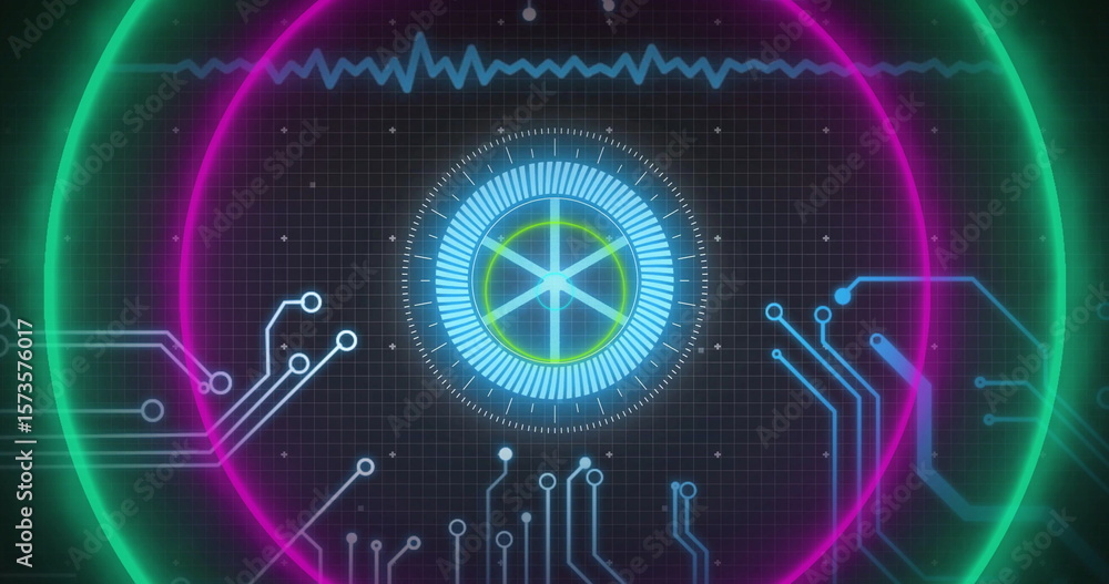Poster displaying central hud showing magenta-lime neon rings with cyan waveform on digital interface