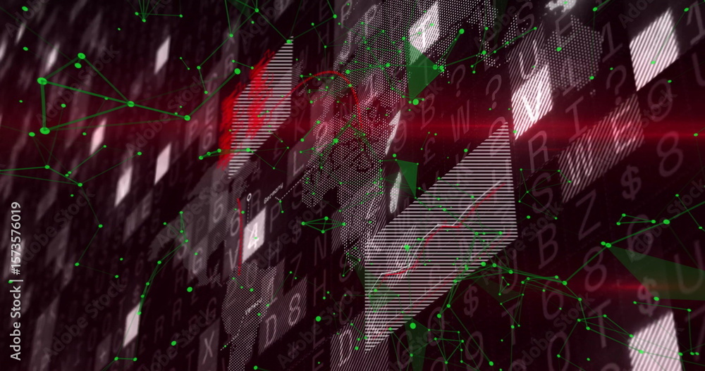 Aufkleber forming central pixel cluster connecting green network nodes on digital screen, with red streaks
