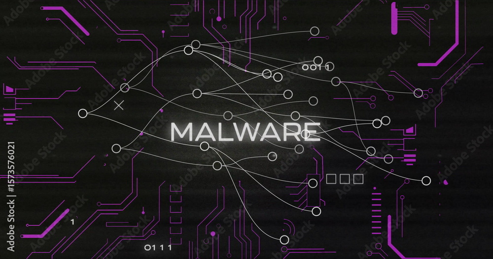 Poster Displaying MALWARE label highlighting purple circuit traces in digital grid, with binary digits