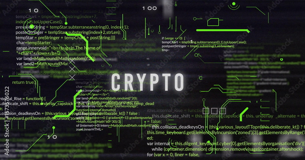 Aufkleber shining white crypto label hovering over interface, with neon circuit connectors and code fragments