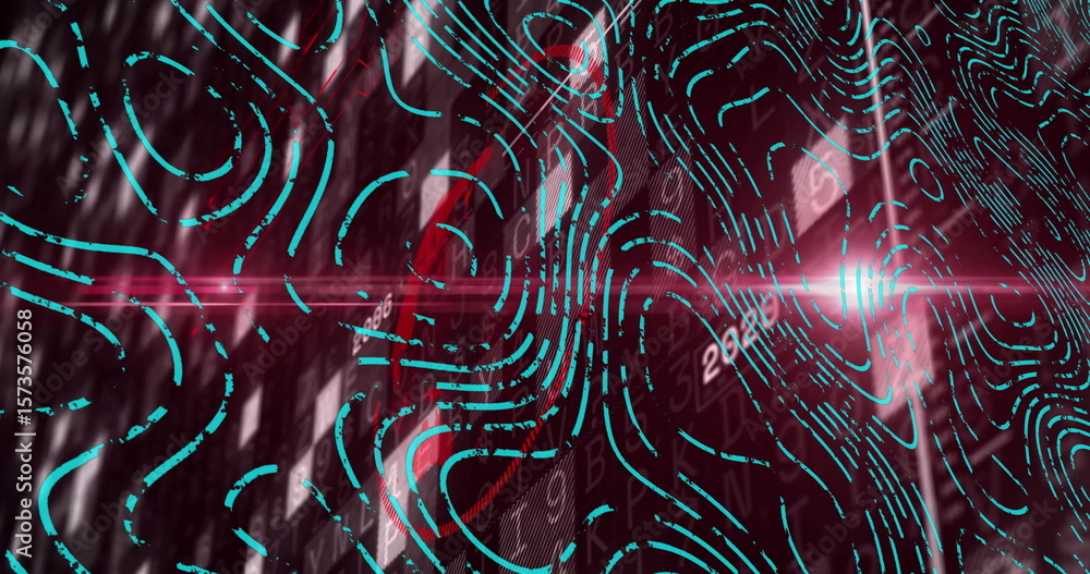 Poster moving turquoise contours over red code grid in holo display with panels, horizontal light flare