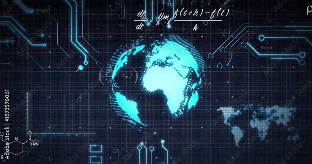 Poster rotating cyan globe glowing in digital grid, with circuit traces, map silhouette and math equations