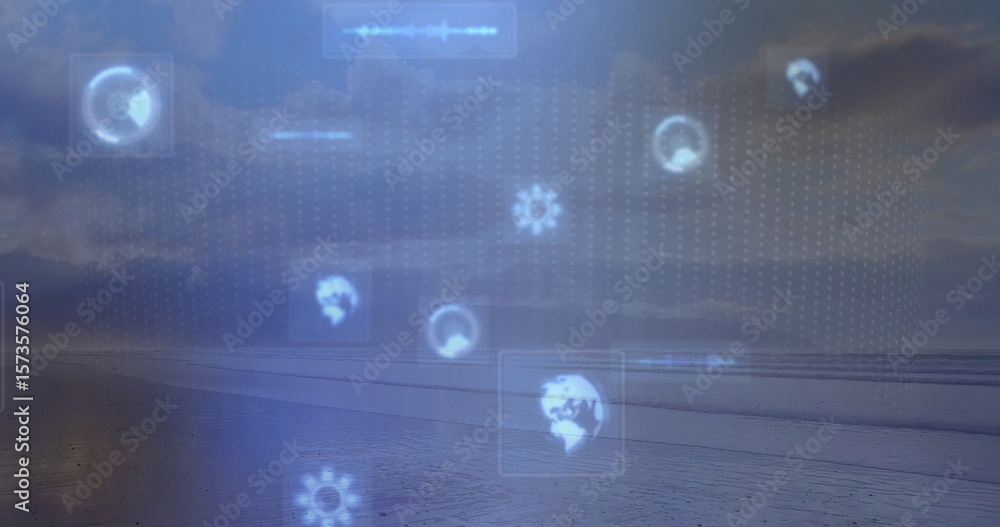 Poster floating digital interface elements over shoreline, showing rotating globe, gear and waveform icons