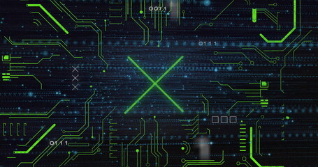 Obraz premium Streaming binary digits and neon-green traces moving across cyber interface, forming glowing X