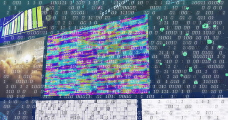 Displaying glitch screen with multicolor bands on dashboard, with bar chart and virus icons