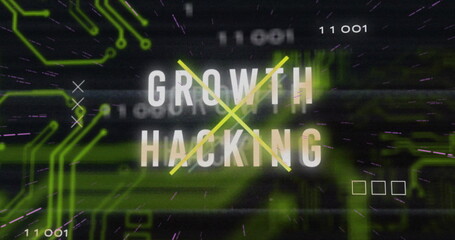 Displaying bold Growth Hacking text glowing on neon circuit interface, with yellow X overlay