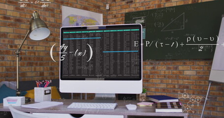 Displaying code output on all-in-one computer in brick office with formulas and keyboard and mouse
