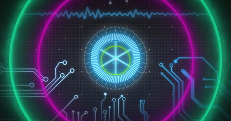 Displaying central HUD showing magenta-lime neon rings with cyan waveform on digital interface