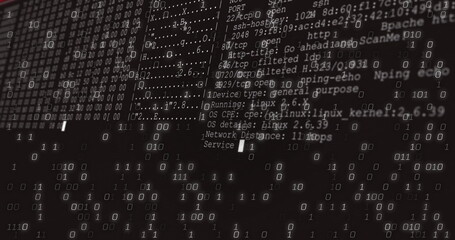 Displaying overlay of binary code and network scan text on terminal display, with port listings
