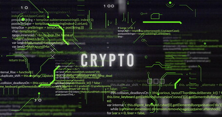 Shining white CRYPTO label hovering over interface, with neon circuit connectors and code fragments