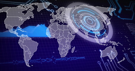 Floating holographic global map projecting over grid background, with HUD target, data markers