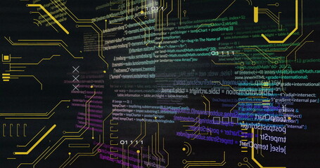 Displaying interface graphic on screen blending JavaScript HTML code and yellow circuit traces