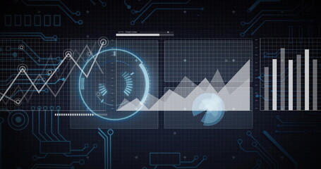 Displaying circular HUD element glowing on dark grid UI, with line graph, area chart, bar chart