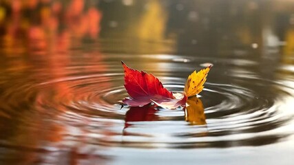Autumn leaf drifting on calm water surface with ripple effect in slow motion - Powered by Adobe