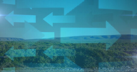 Pointing translucent blue arrow icons overlaying riverbed hills below sky, navigation symbols