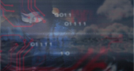 Floating binary digits and red circuit traces in matrix, with glitch scan lines and static noise
