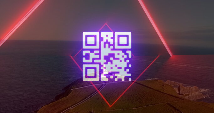 Floating purple-and-white QR code hovering over grassy cliff and winding path, neon red frames - Powered by Adobe