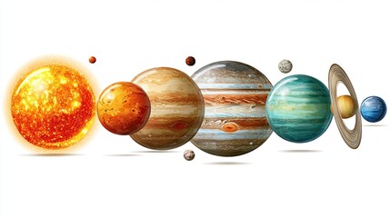 Colorful illustration of celestial bodies, showing the Sun & planets in a solar system alignment