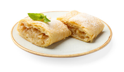 Pieces of tasty apple strudel with powdered sugar and mint isolated on white