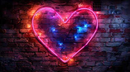 Glowing pink heart neon sign on aged brick wall with fairy lights inside