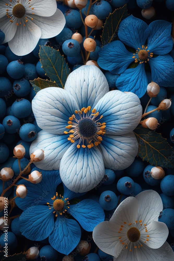 Poster a stunning floral arrangement captivates the viewer with symmetrical blue and white petals. intricat