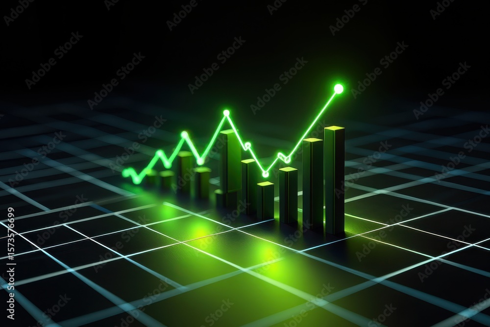 Poster a vibrant green graph illustrates growth trends rising above a digital grid. data points connect to 