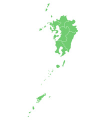 九州地方のシルエットイラスト（福岡県, 大分県, 佐賀県, 長崎県, 熊本県, 宮崎県, 鹿児島県）