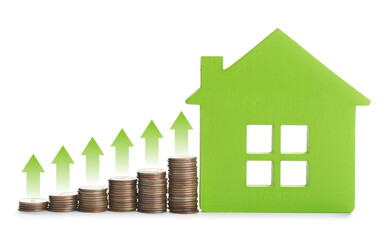 Increase in real estate value. House model and coins on white background. Growing price represented...