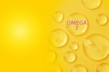 Drops of Omega-3 on yellow gradient background, top view. Space for text