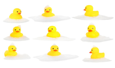 Cute rubber ducks on white background, collage